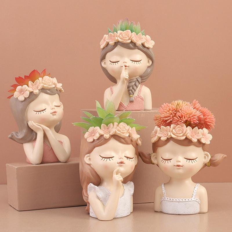 Cute Plants Flower Pot Resin Succulent Planter Flower Vases Little Girl Garden Decoration for Home Office Plant Pot