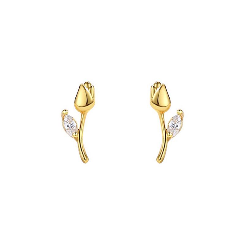 Light Luxury Tulip Stud Earrings for Women Tiny Crystal Flower Earrings Simple Summer Daily Commute Jewelry