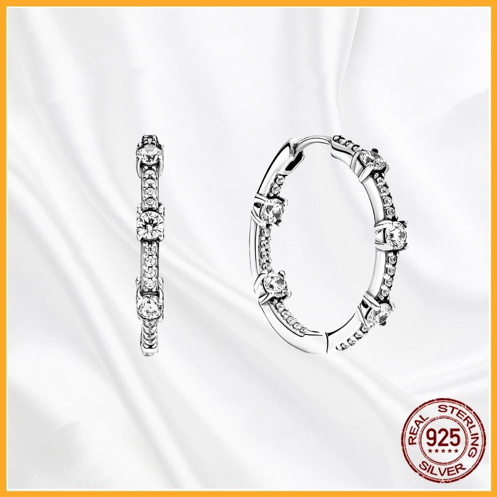 925 Silver Heart Hoop Earrings Sparkling Original Jewelry Gift for Women