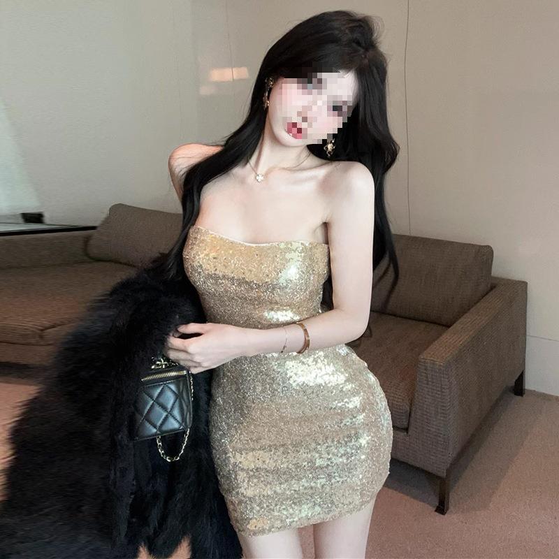 

2025 Women s Shiny Sequin Bandeau Backless Bodycon Dress Large золотий