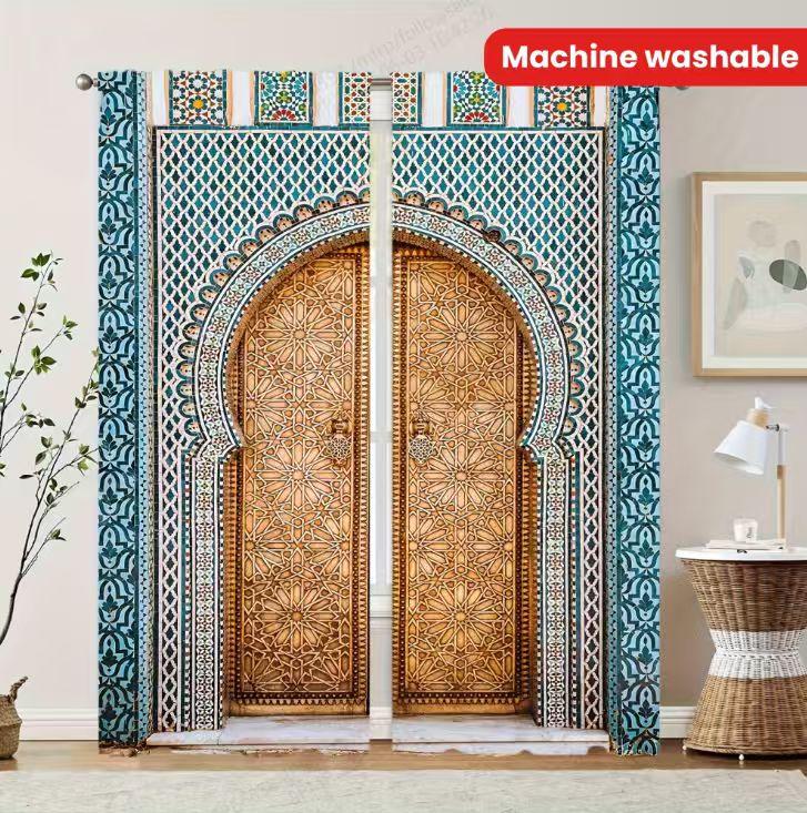 2pcs  Exotic Moroccan Pattern Curtains   Artistic Design Light - Filtering Polyester Curtains for Home Windows
