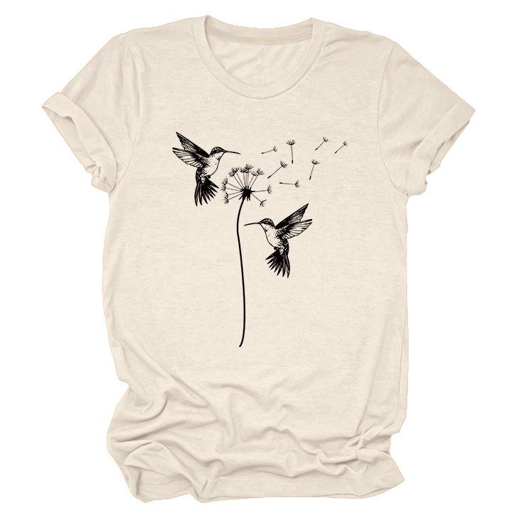 Sommer Rundhals Zwei Vogelmuster Druck Top Modische Lässige Kurzarm Damen T-Shirts