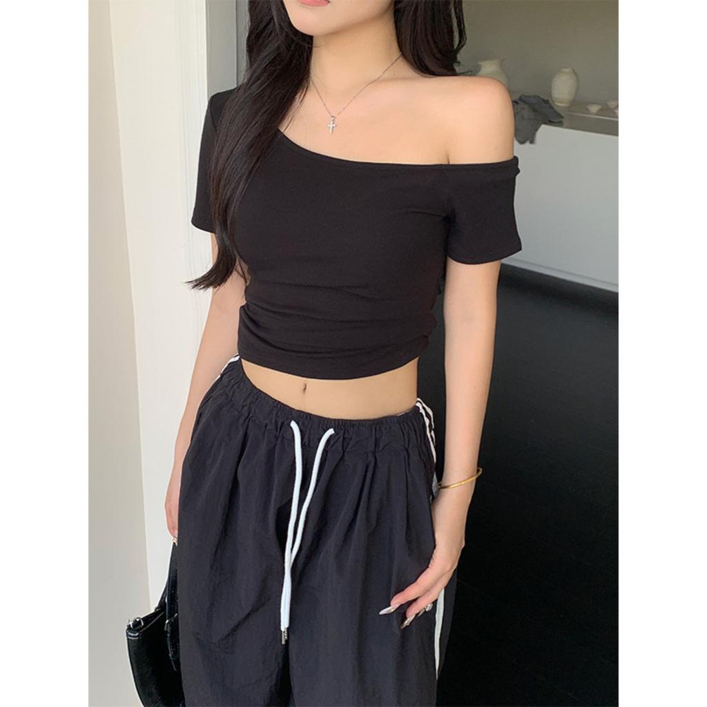 Women's Off Shoulder Short Sleeve Tunic Top Slim Fit Solid Color Casual Tee