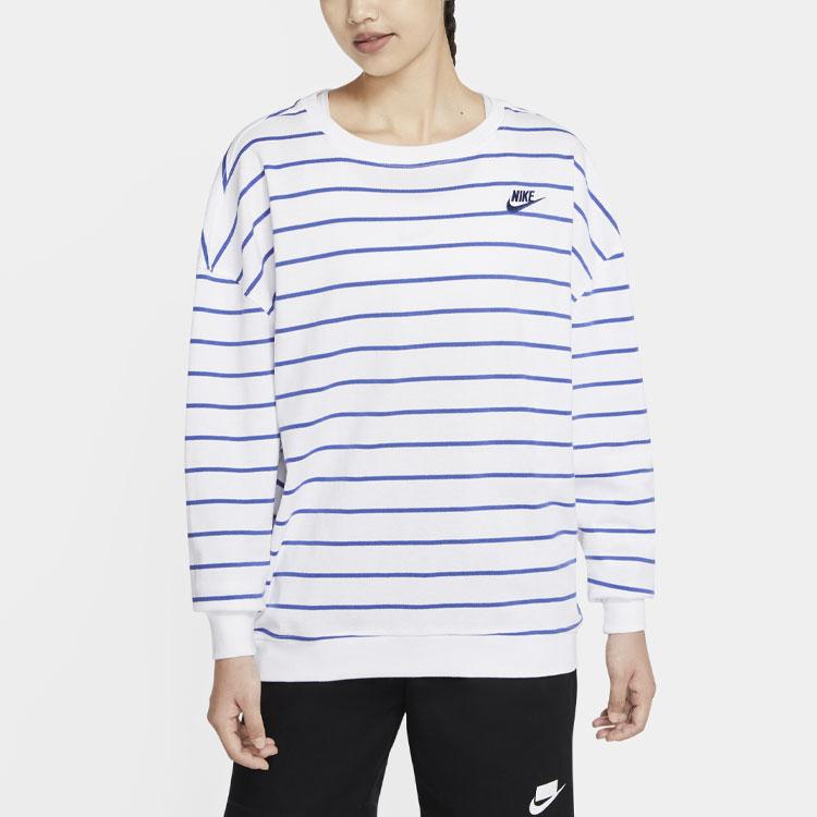 Nike Sportswear Loose Fit Striped Print Crew Neck Long Sleeve Drop Shoulder T-Shirt Women T-Shirts White DJ9305-140
