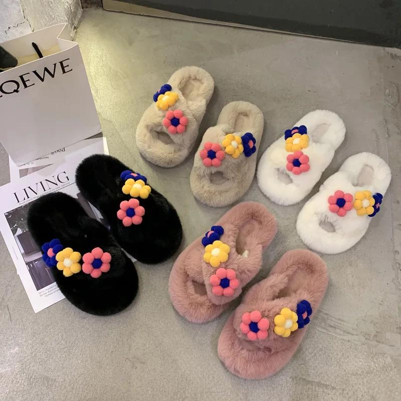 Slippers Women Winter Cute Fluffy Fur Slipper Flower Home Slides Platform Flat Indoor Floor Flip Flops Women Ladies Shoes 2024