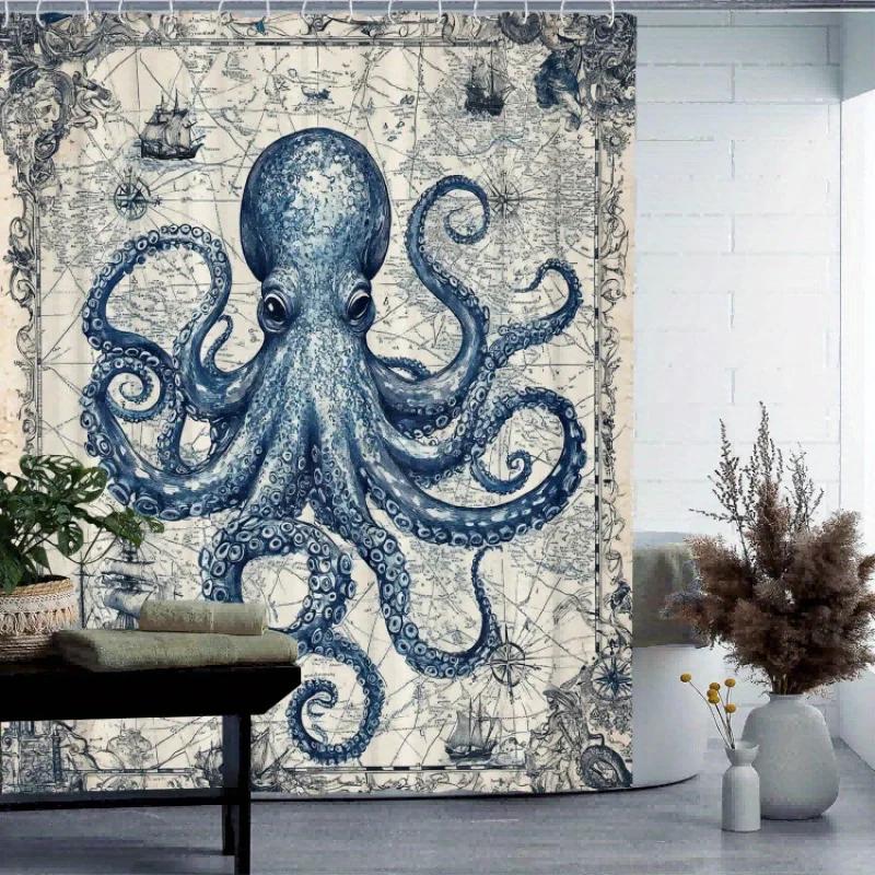 Nautical Octopus Shower Curtain: Unique Coastal Decor for Bathroom, Ocean Vibes, Vintage Charm, and Adventure for Sea Lovers