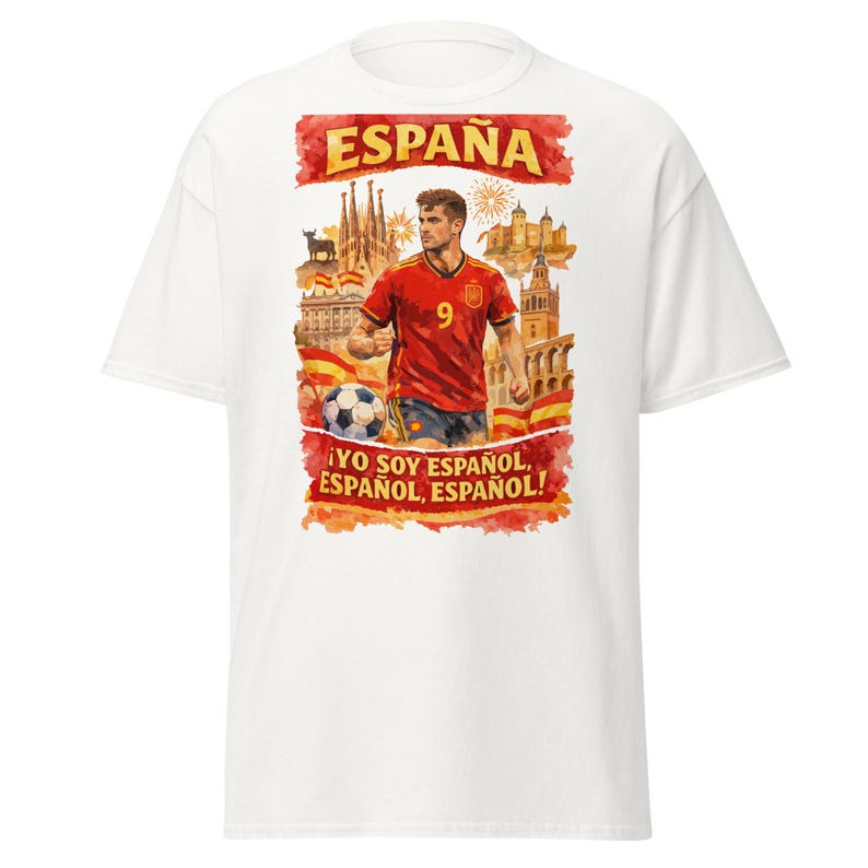 Spain Football T-Shirt, Retro España Soccer Tee, Watercolor Landmarks, Yo Soy Español Chant M