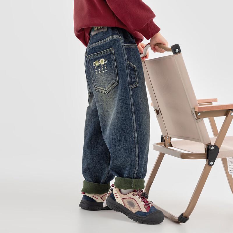 Boys' Vintage American-Style Embroidered Fleece-Lined Denim Harem Pants