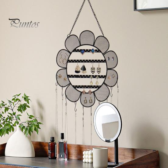 Multi-functional Jewelry Display Rack Earrings Stand with Metal Chain Flower Shape Grid Design Large Hooks Holder Capacity Wall Decoration Hanging