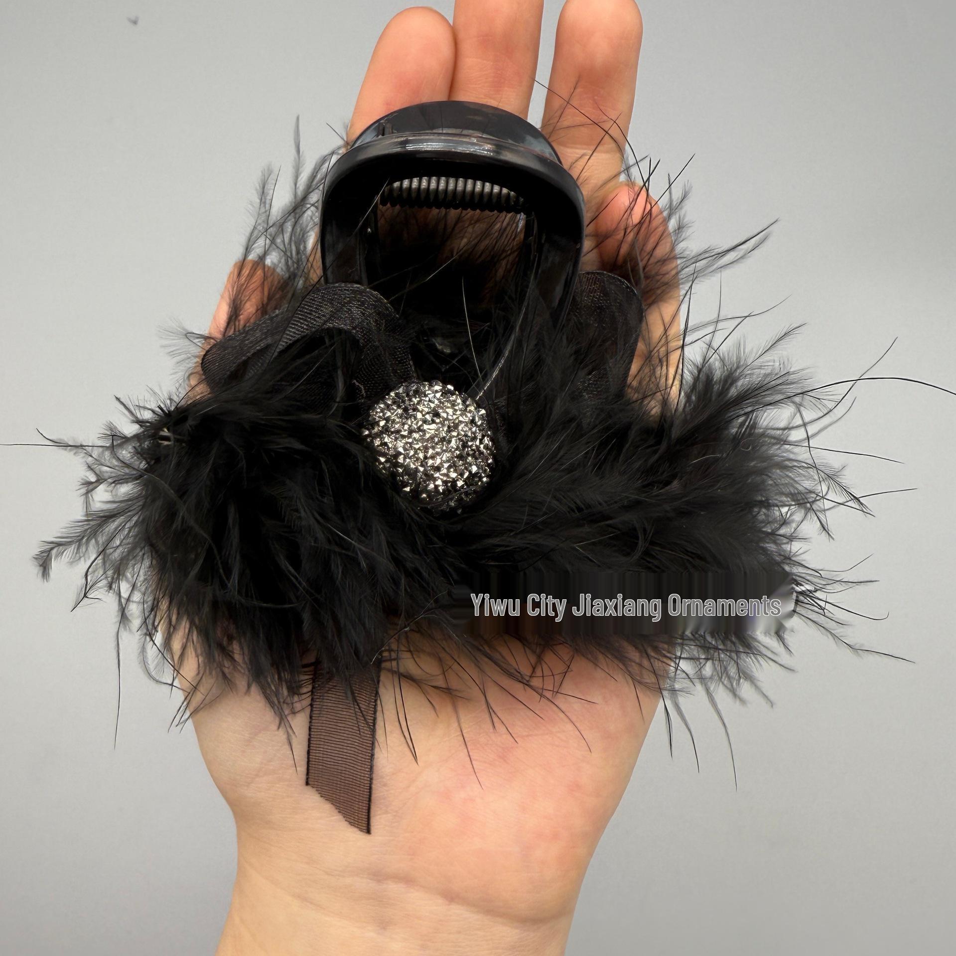 Black Rhinestone Mesh Feather Hair Clip: 8cm Claw, Autumn/Winter Style Half-Up Accessory for Women Clearance Rhinestone 8cm Feather