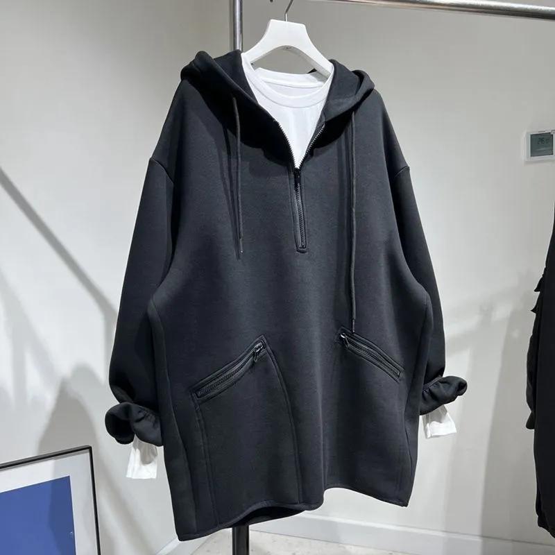 Oversize Loose Mid-length Pocket Sweatshirt for Women with Autumn Half Zipper Hooded Casual Loose Solid Color Pullover