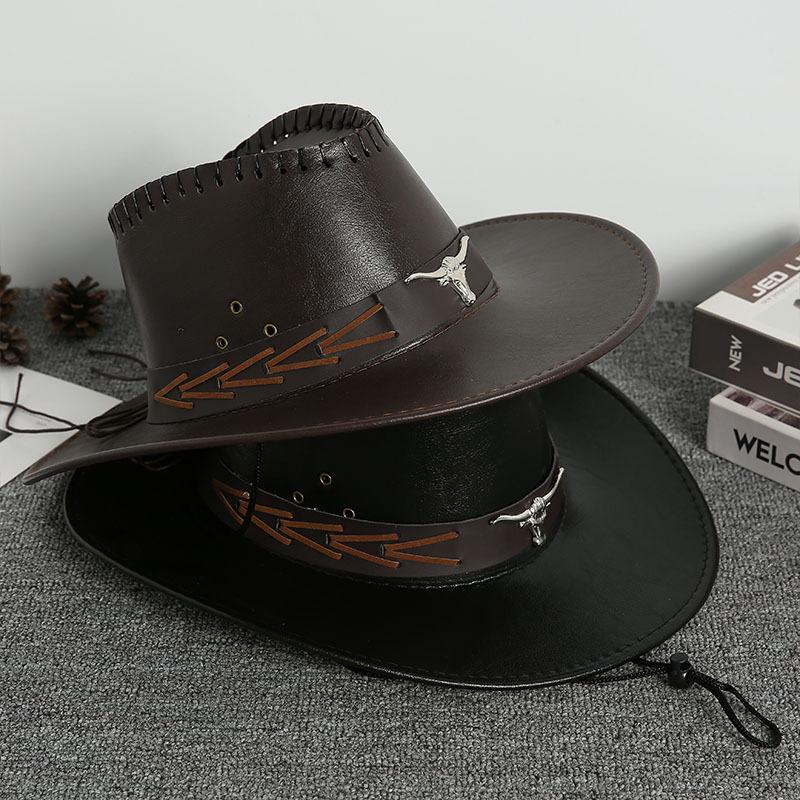 New Vintage Fashion Cow Head Decorated Western Cowboy Hat Faux Leather Panama Style Bucket Jazz Cap for Men
