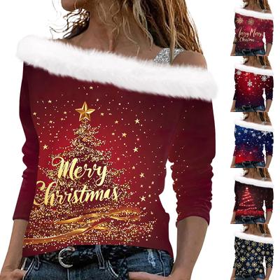 Langarmshirts für Damen, modischer, lockerer Pullover mit Weihnachtsdruck und schulterfreiem Schnitt für Damen