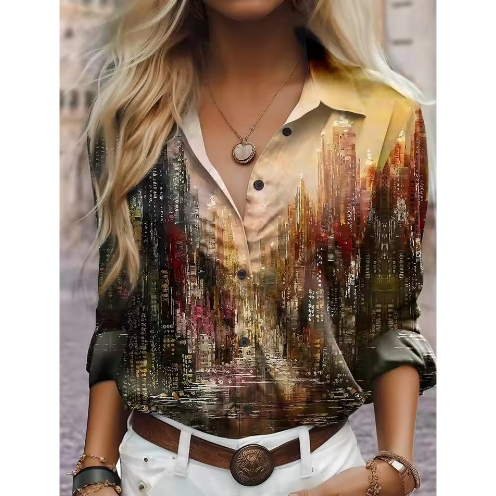 Women's  Fashion Geometric Buttons Blouse Lapel Neck Blouse Womens Long Sleeve Shirts Womens Clothing Female Clothing