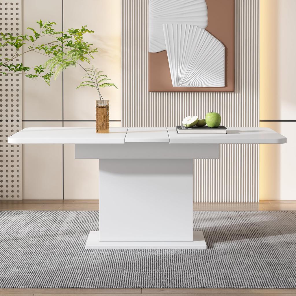 Flieks Dining Table Wood, Extendable Dining Room Table with Storage, White