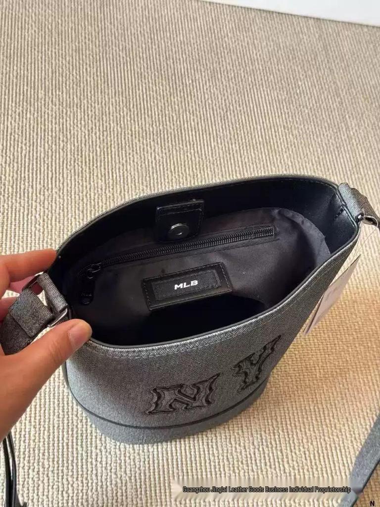 MLB25 Korea Denim Patchwork Bucket Handbag with Adjustable Shoulder Strap for Men and Women