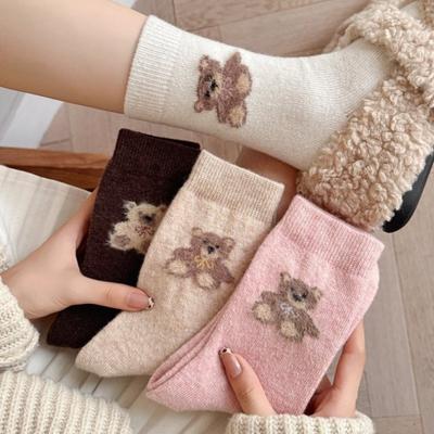 Wool Socks - Mid-length Winter Socks for Women, Providing Warmth. Cute Cartoon Teddy Bear Style, No Bones, Chunky Socks.