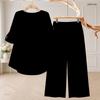 Women Plus Size Round Neck Mid Sleeve Printed Asymmetrical Top Wide Leg Pants Two Piece Set