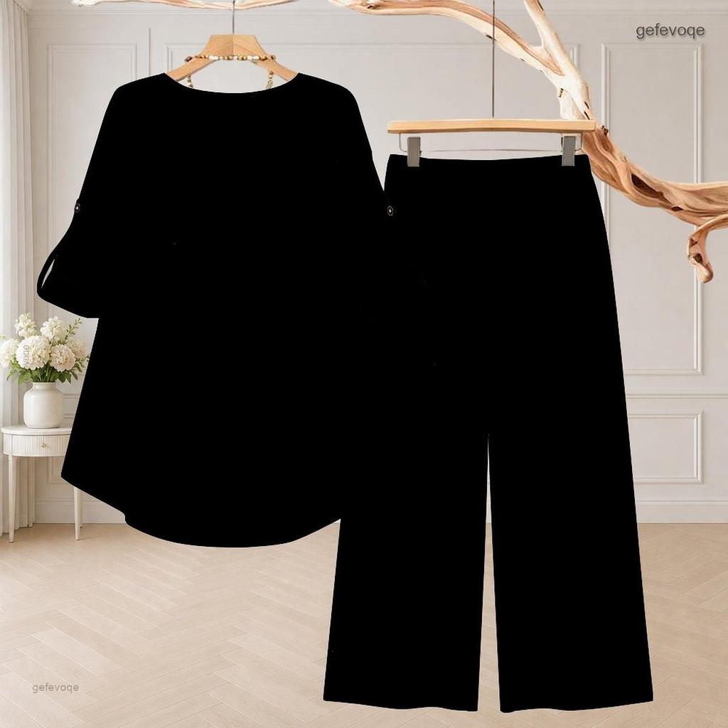 Women Plus Size Round Neck Mid Sleeve Printed Asymmetrical Top Wide Leg Pants Two Piece Set