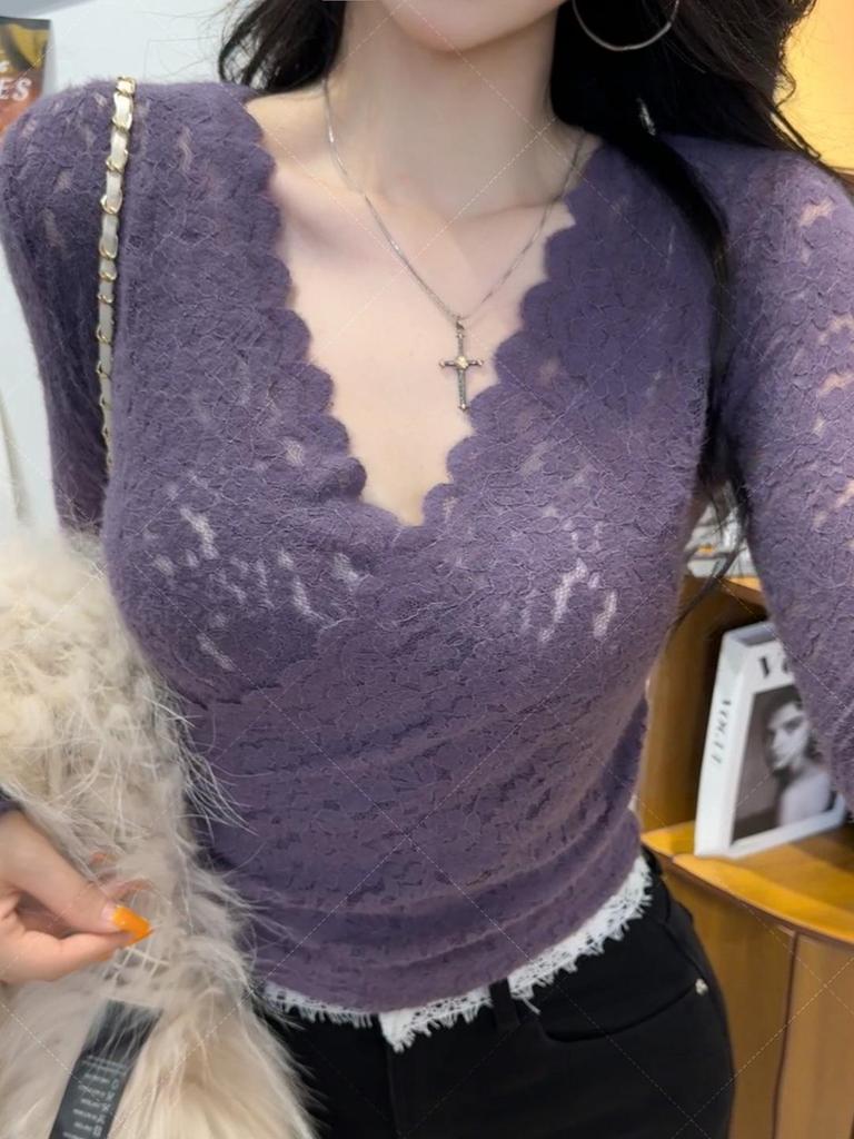 Elegantes schwarzes Spitzen-V-Ausschnitt-Oberteil für Damen - Schlankmachend Herbst/Winter Langarm