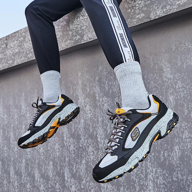 Skechers Stamina Series Trendy Thick Sole Patchwork Shock Absorbing Durable Low Top Dad Shoes Men Sneaker Black 51286-BKGY
