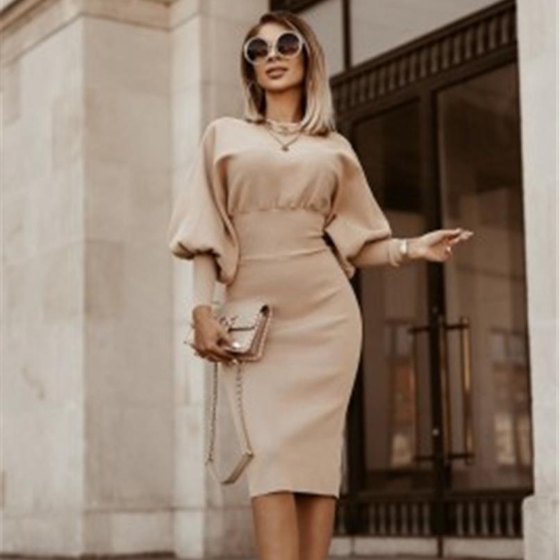 

Женское зимнее платье-карандаш 2025 | Однотонное с рукавами-фонариками и приталенное | Осеннее облегающее платье-бодикон - Теплая юбка-карандаш (S-3XL) S бежевый
