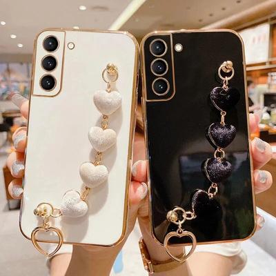 Liebe Herz Plüsch Armband Fall für Samsung Galaxy S23 S22 S21 S20 FE S10 S9 S8 Plus Ultra Note20 10 Kette Plating Silikon Abdeckung