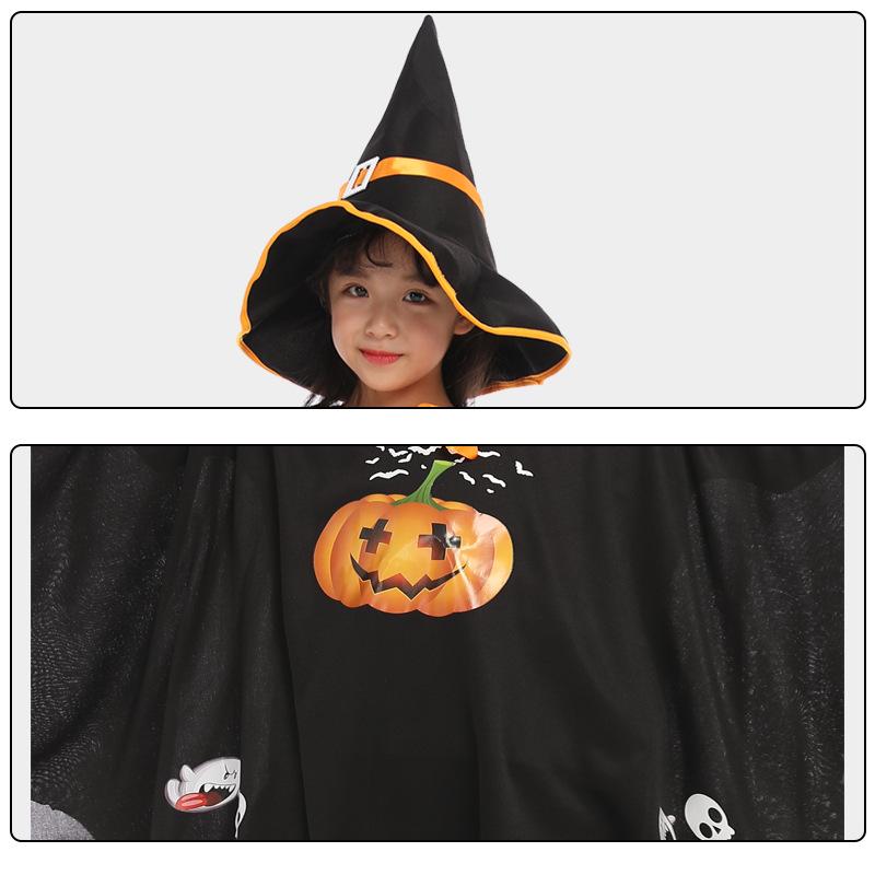 Children's Witch Costume Set: Halloween Cape, Cloak, Hat, and Pumpkin Design