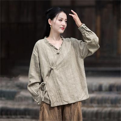 Women Vintage Shirts V-Neck Long Sleeve Button Autumn Blouses Loose Chinese Style Female Shirts