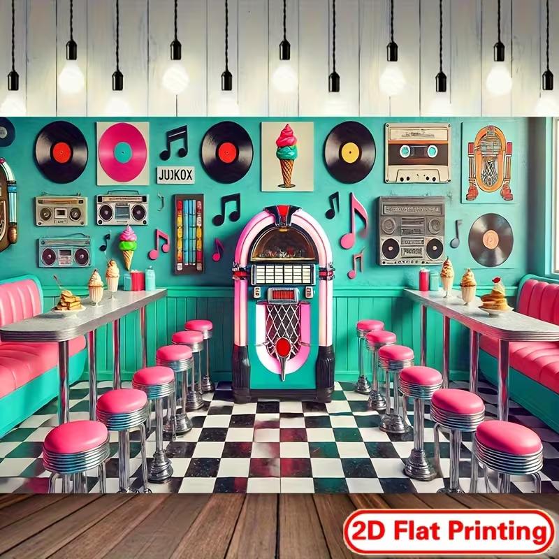 

Ретро Тканевое панно 50-х годов в стиле Дайнер, Ткань с фоном из музыкального автомата и шашечной доски, Декор стены для бара 47.2x31.5inch/120*80cm