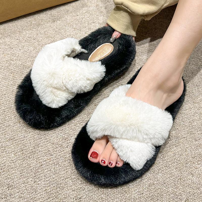Fashion Fashion Cross Strap Fluffy Slippers for Women Winter Warm Faux Rabbit Fur Slides Woman Thick Sole Plush Indoor House Slippers