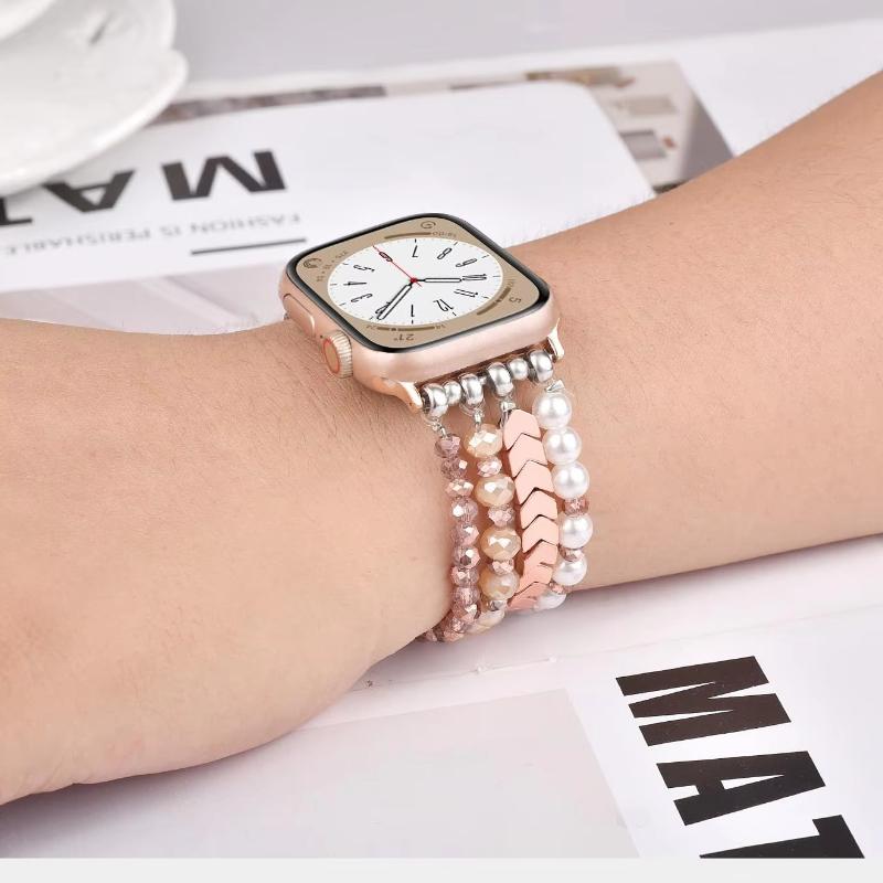 Perlenkompatibles Apple Watch Band 38 40 41 42 44 45 mm für Damen, iWatch Serie SE 9 8 7 6 5 4 3 2 1 Handgemachtes elastisches Band