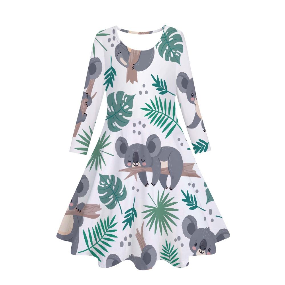 Girls' 3D Tropical Koala Dress Long Sleeve Summer Spring Vacation Daily Holiday Princess Beautiful Sweet Kids 4-12 Years Casual Dress A Line Dress