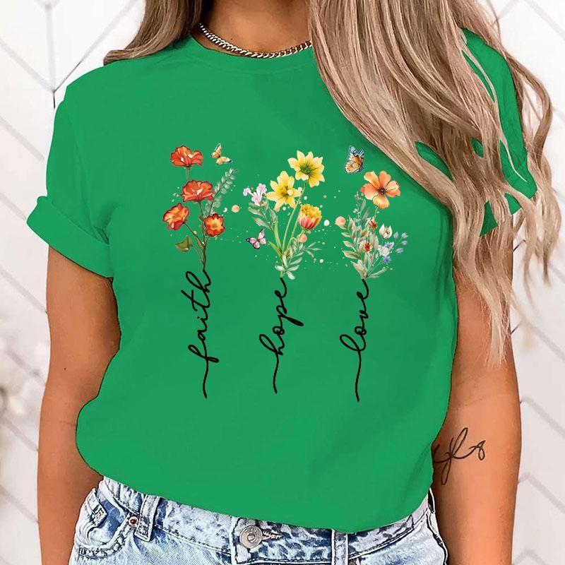 Women's Blouses Faith Hope Love Flower Letter Print T Shirt Women Summer Short Sleeve Fashion Summer Casual T-shirt