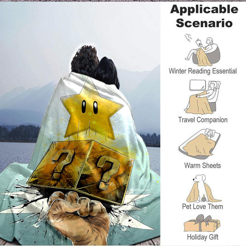 1pc Mario Star Block Flannel Blanket, Soft Skin Friendly with Digital Printing, Various Sizes Available for Family, Friends, Birthday