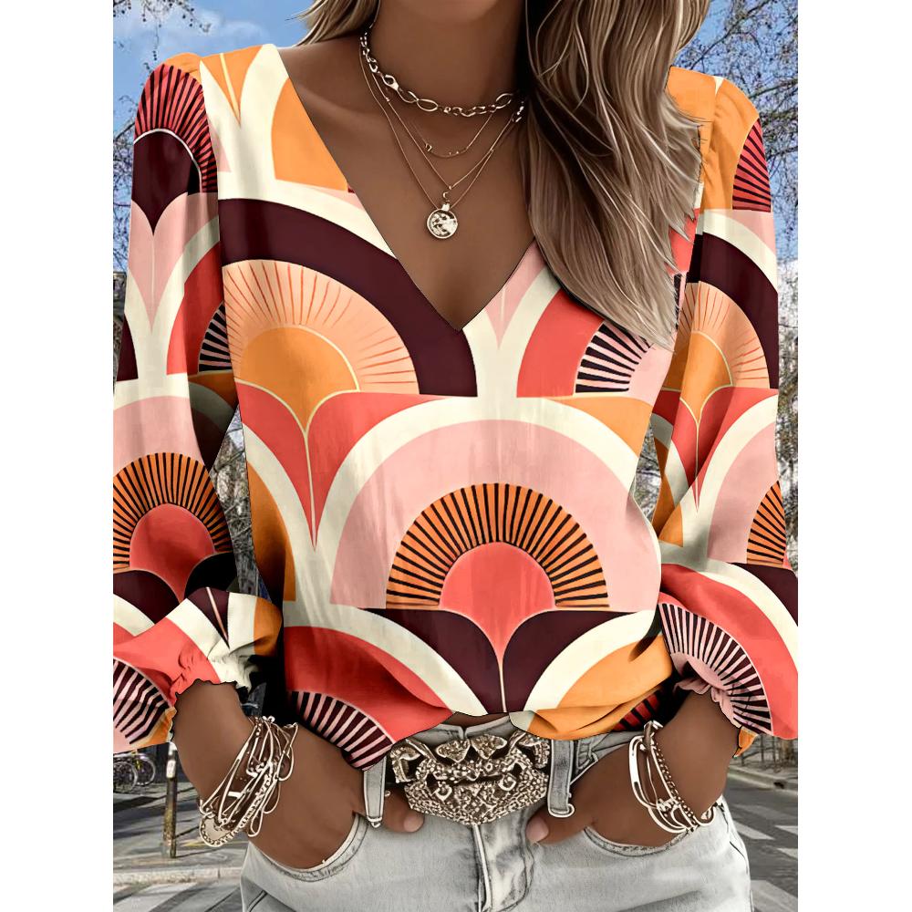 Lady Bohemian Retro Western Style Shirt with V-neck and Long Sleeves, suitable for casual outfits and vacations, relaxed and loose shirt