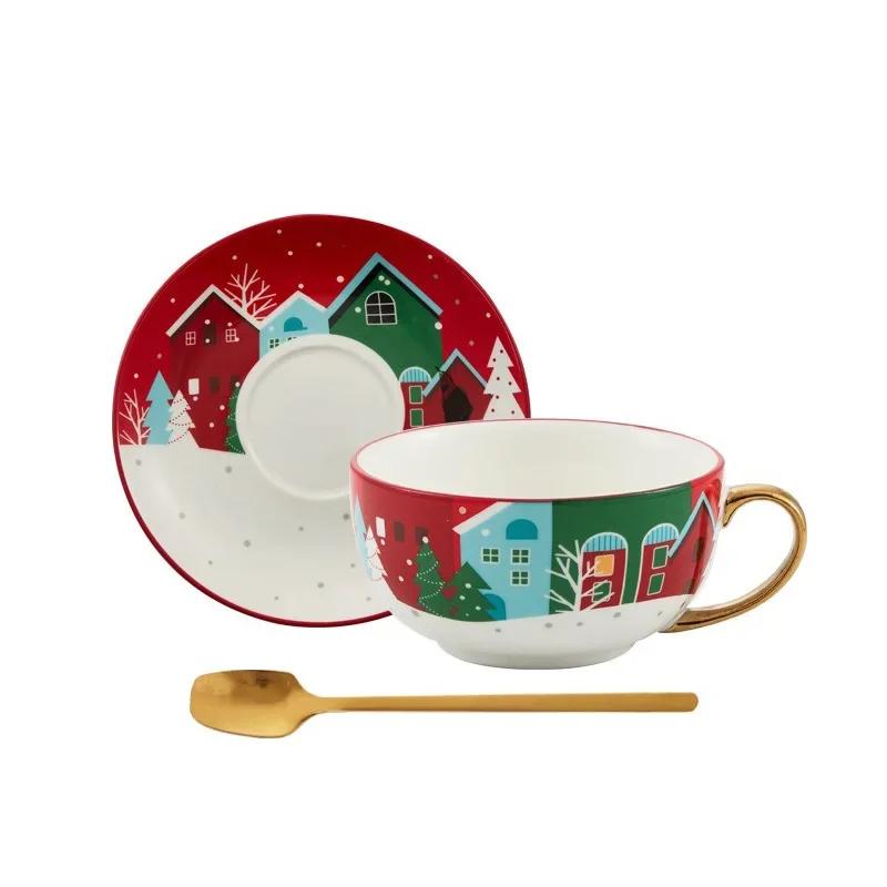 Christmas Ceramic Teapot Cup Teaware Set with Gift Box Gold Plated Handle Coffee Cup Saucer Spoon  Afternoon Tea Mug Xmas Gifts