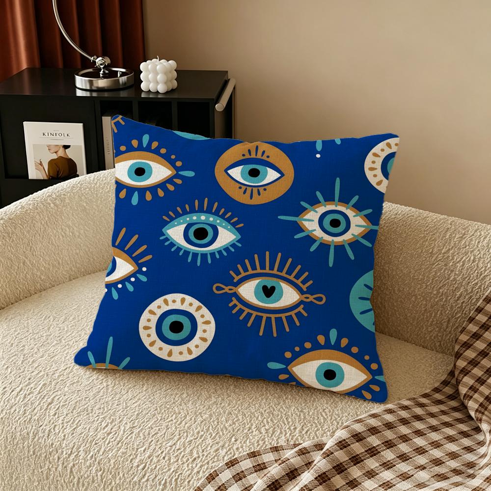 L-Lucky Evil Eye Cushion Cover Natural Linen Pillowcase Set, All-In-One Decor For Sofa, Bedroom & Chair