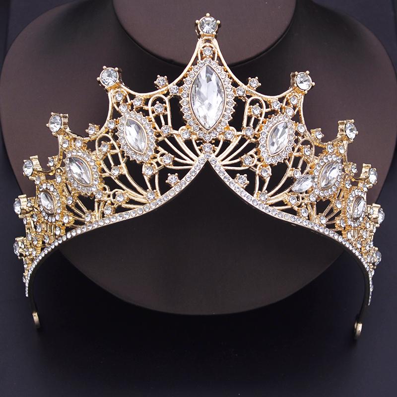 Baroque Tiaras Gold Color Red Crown Necklace Earring Sets Wedding Bridal Jewelry Set Prom Costume Accessories