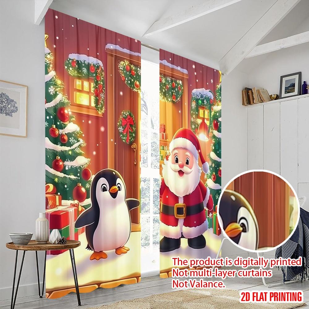Set Of 2 Plane Printing Curtain Popular Merry Christmas Santa Penguin Door Polyester Woven Without Rod Decorations Outdoor
