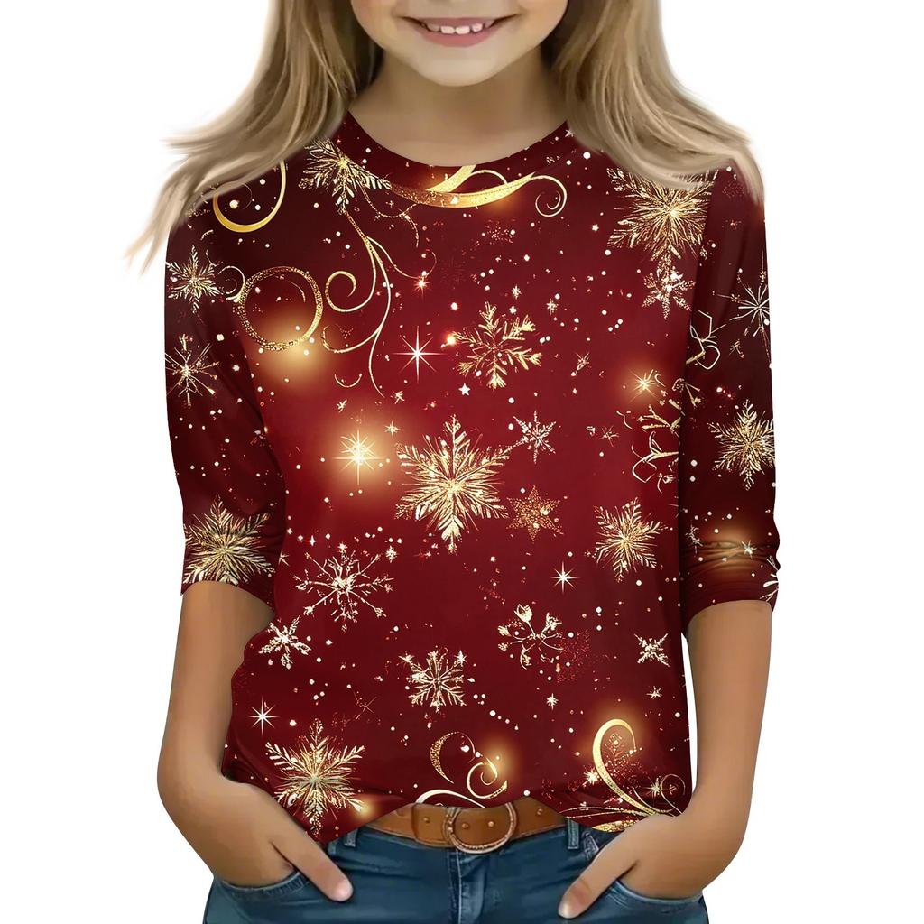 Children's 3/4 Sleeve Tops Casual Christmas Print T Shirt Round Neck Pullover Blouse