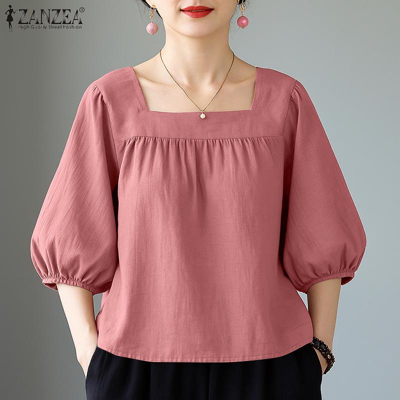 ZANZEA Women Square Collar Summer Casual 3/4 Sleeve Blouse
