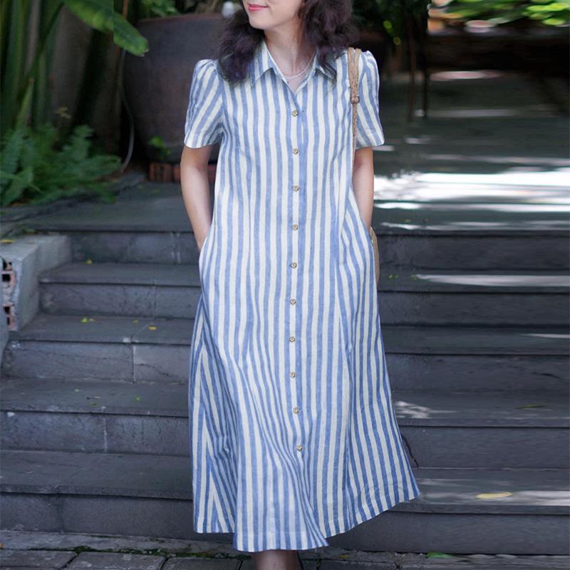

ZANZEA Женское летнее повседневное платье-рубашка в полоску с отложным воротником и короткими рукавами