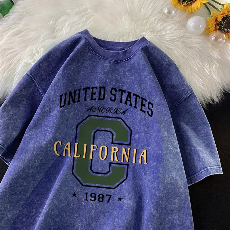 United States California Letter T-shirt Men Retro Printing Shirt Cotton Vintage Washed Tee Unisex Street Loose T-shirts