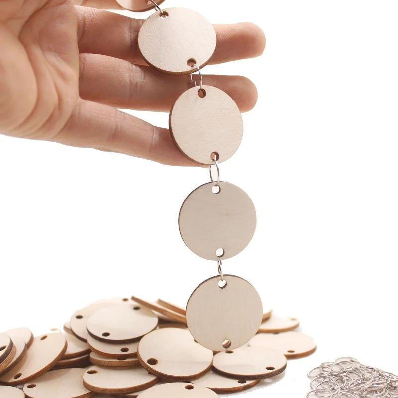 50 Pieces Wood Tags Round Heart Shaped Wooden Discs with 2 Holes and 50 Pieces Rings for Birthday Board Calendar DIY Crafts