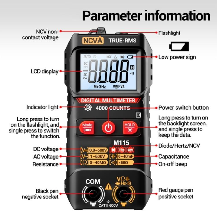 M115 Digital Multimeter Voltage Tester 4000 Counts Multifunction NCV Capacitance Diode Resistance Testing Tool