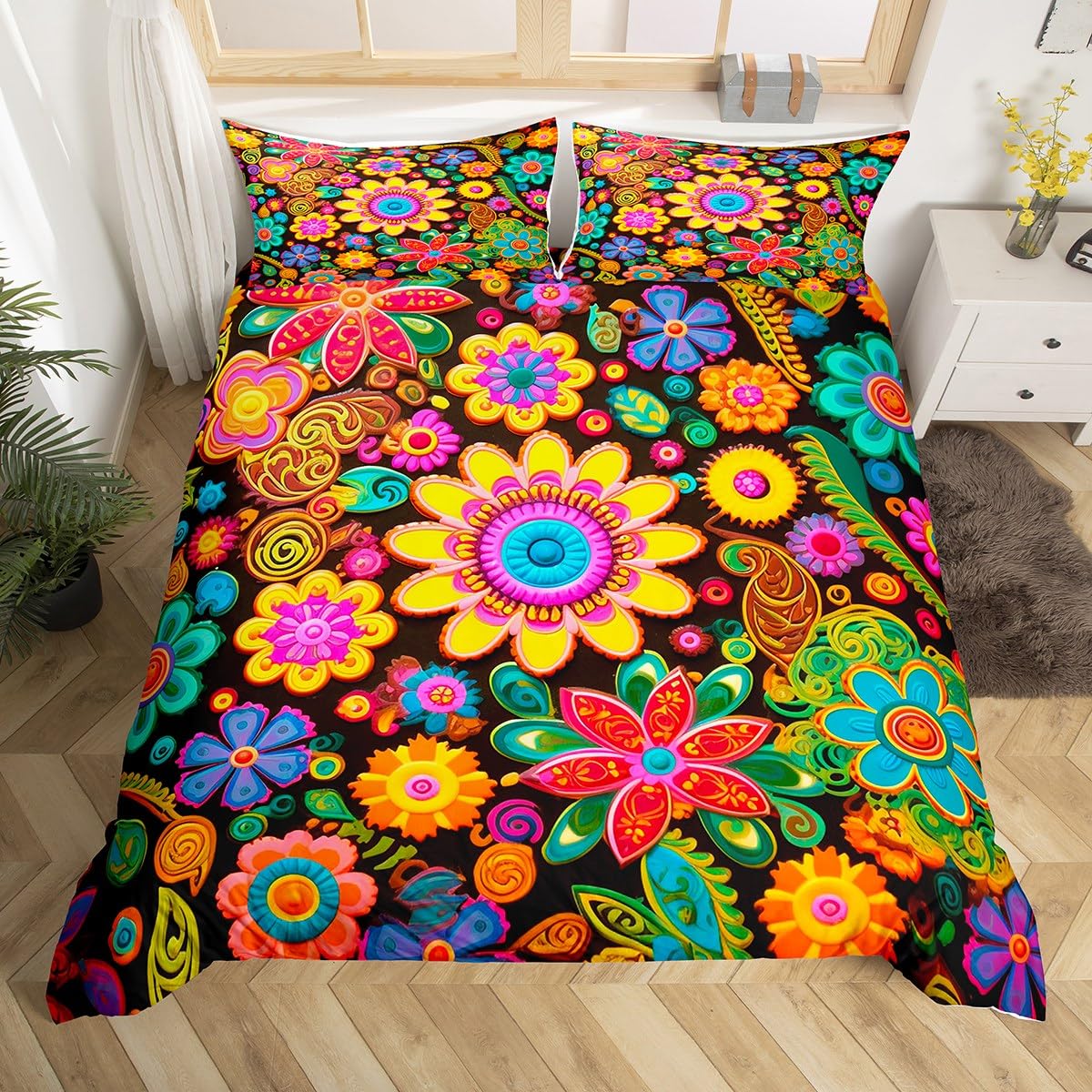 

Vintage Groovy Flower Duvet Cover Cute Rainbow Butterfly Bedding Set Retro Floral Boho Pink Comforter Cover with 2 Pillow Case 140x200cm 3pcs