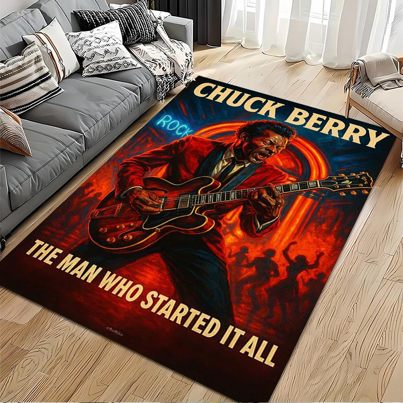 Music Legend Area Rug, Chuck Berry Rock Red Suit Guitar Stage Crowd Poster Print, Rock and Roll Decor, Non-Slip Mat
