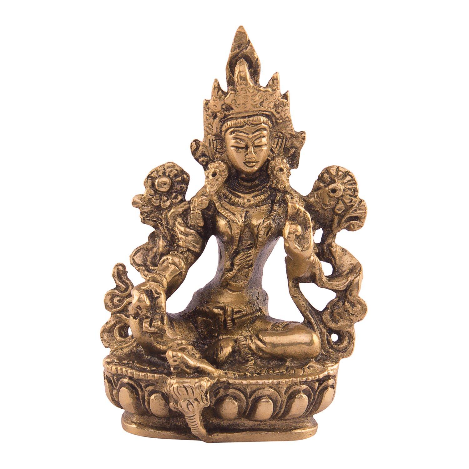 Pure Brass Idol Of Sitting Tara On Beautiful Pedestal, Tara Devi, Gold -3.5 Inch