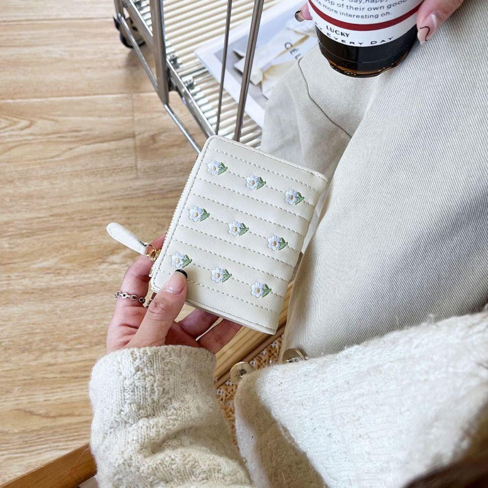 Krátká peněženka z PU kůže Nová mini taška na zip na peníze Jednobarevná květinová pouzdra na karty Dívka